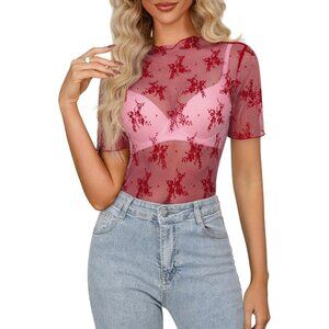 🆕Women's Red Polyamide Mesh Sheer Long Sleeve Mock Neck Lace Floral Blouse